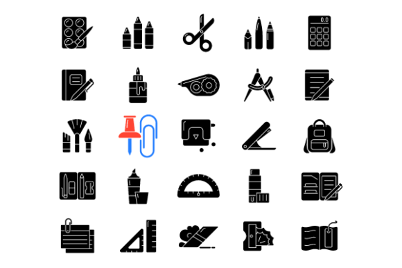 School Supplies Black Glyph Icons Bundle